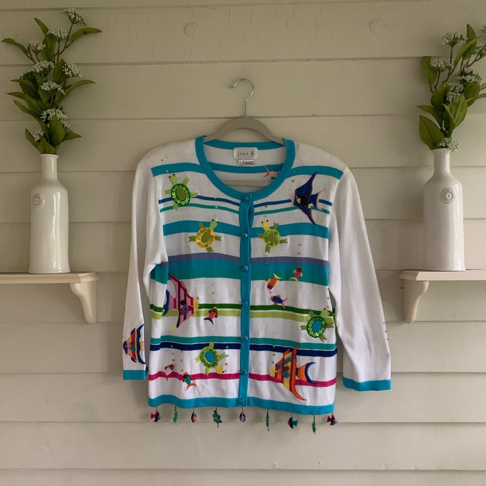 Fish and Turtle Embroidered Button Cardigan Sweater Size Large